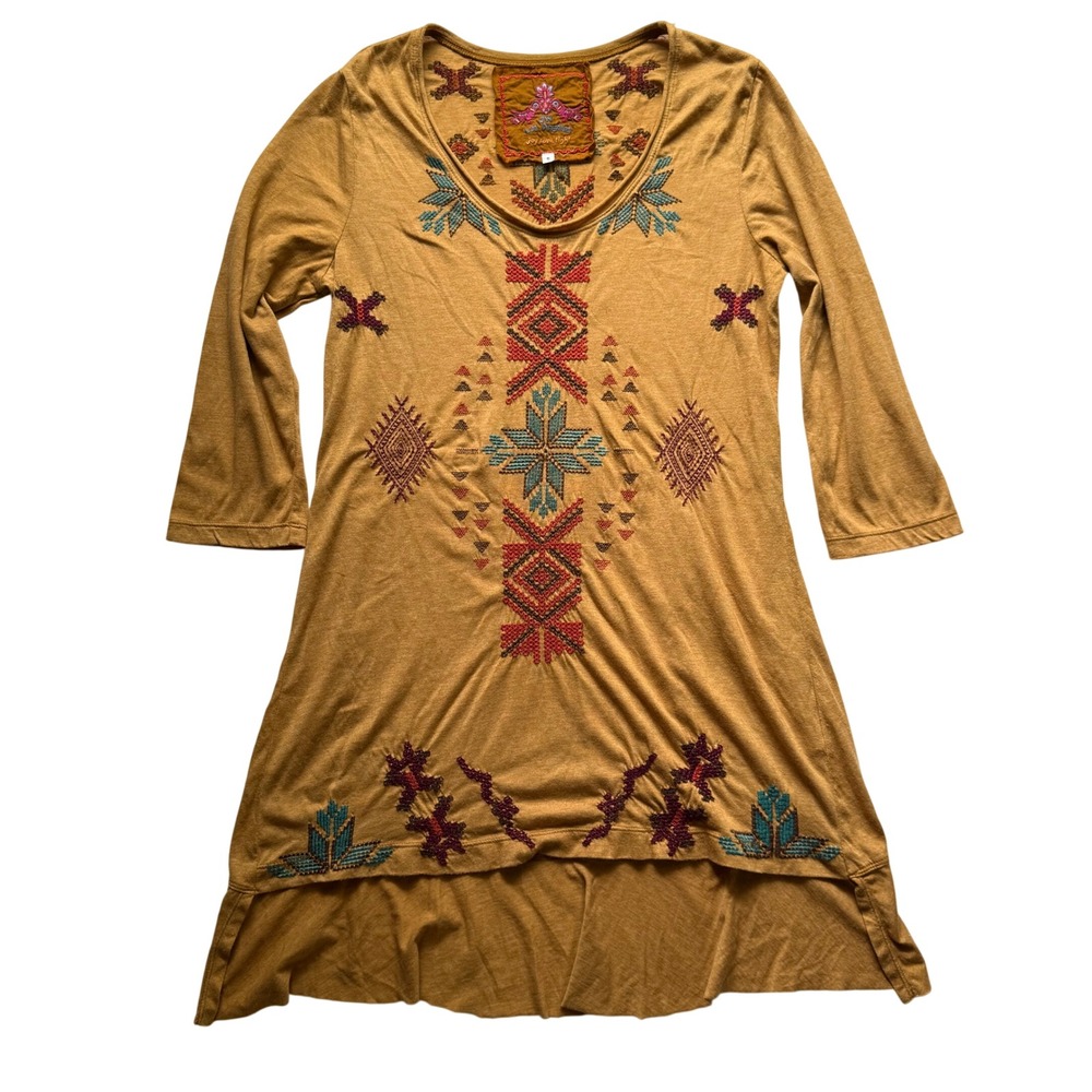 Johnny Was Los Angeles | Embroidered Tunic Mustard Yellow Bird Motif Size S